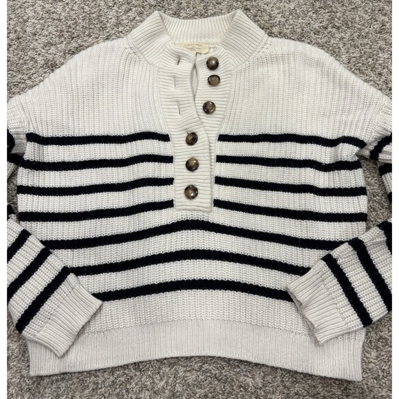 La Maille Sezane Sweaters - Sezane Ivory and Black Striped Button Henley Sweater